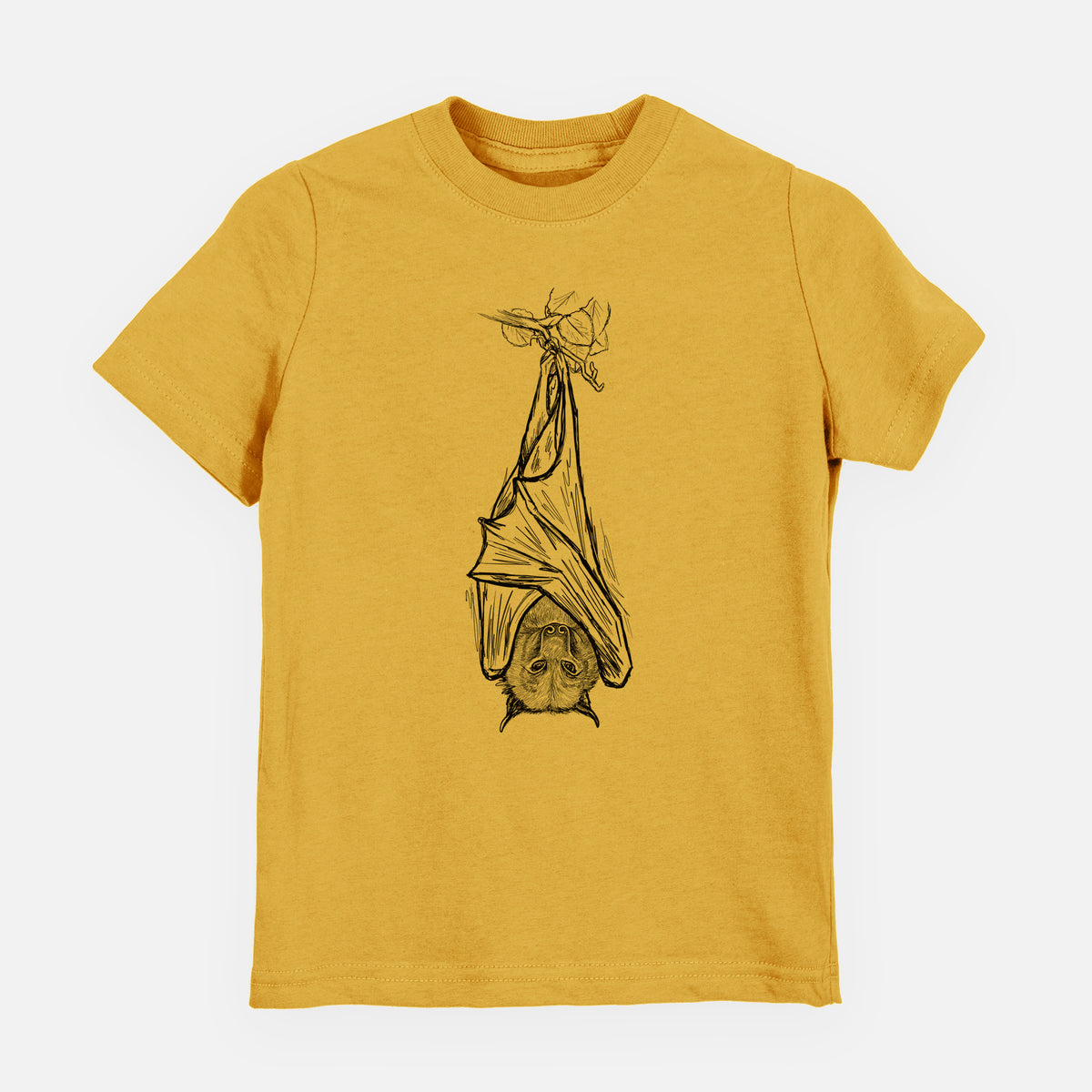 Honeycomb yellow youth t-shirt laid flat, printed with a black ink illustration of a large flying fox bat hanging upside down with its wings wrapped around it.