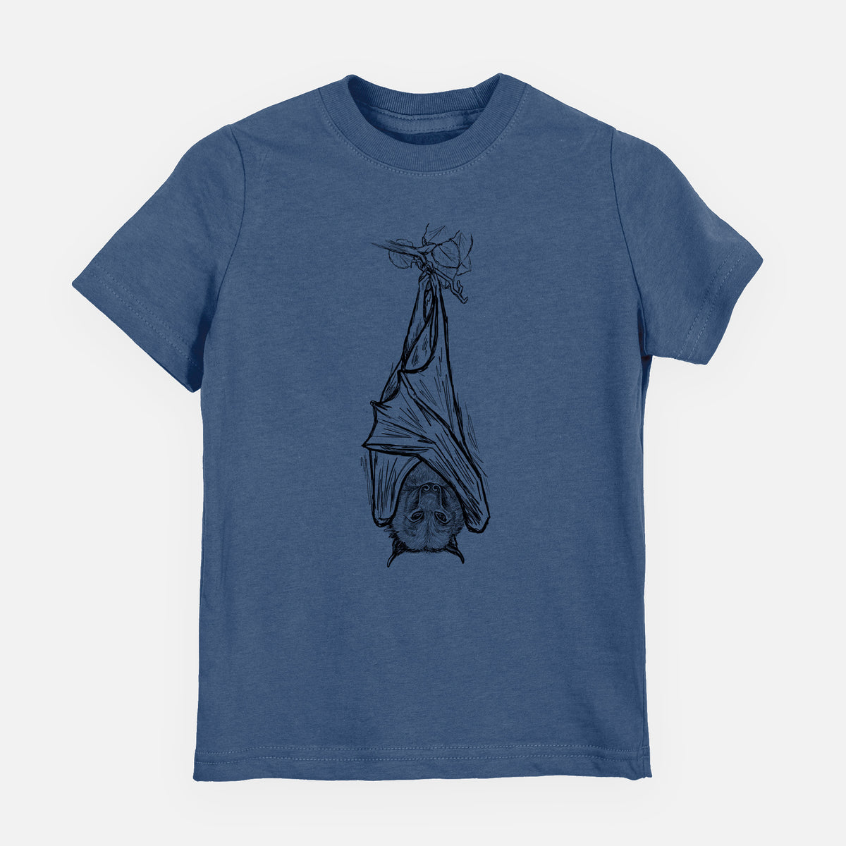 Indigo blue youth t-shirt laid flat, printed with a black ink illustration of a large flying fox bat hanging upside down with its wings wrapped around it.