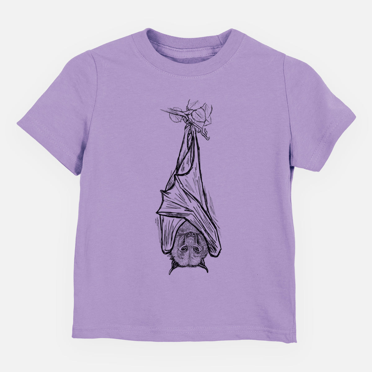 Lavender toddler t-shirt laid flat, printed with a black ink illustration of a large flying fox bat hanging upside down with its wings wrapped around it.