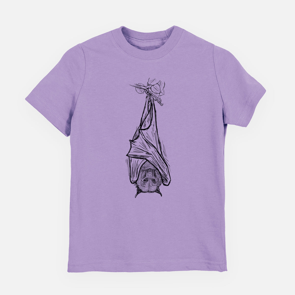 Lavender youth t-shirt laid flat, printed with a black ink illustration of a large flying fox bat hanging upside down with its wings wrapped around it.