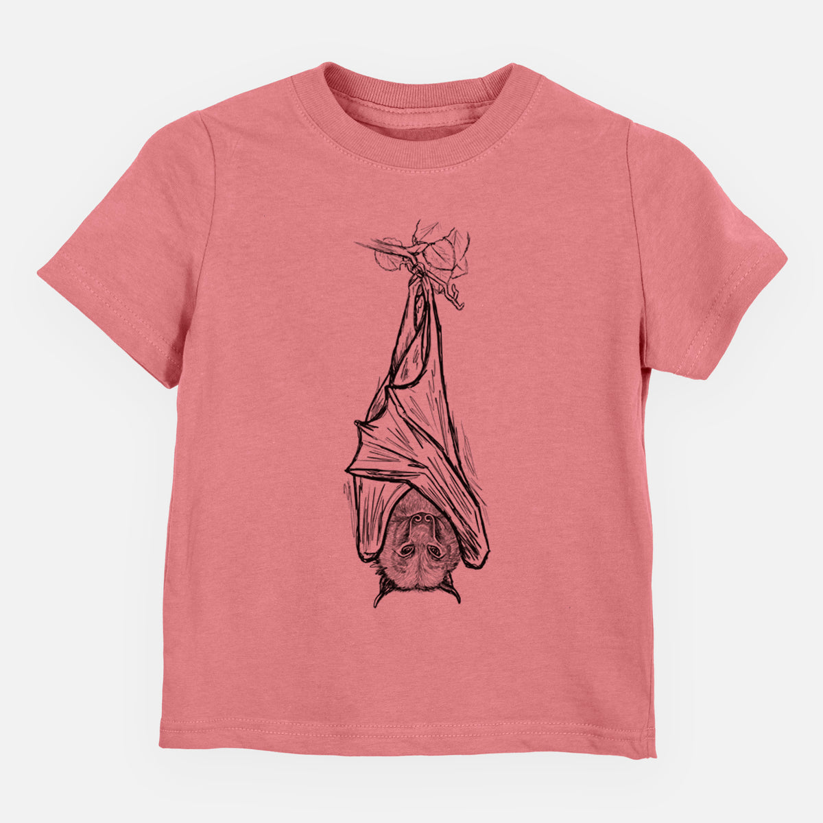 Mauve pink toddler t-shirt laid flat, printed with a black ink illustration of a large flying fox bat hanging upside down with its wings wrapped around it.