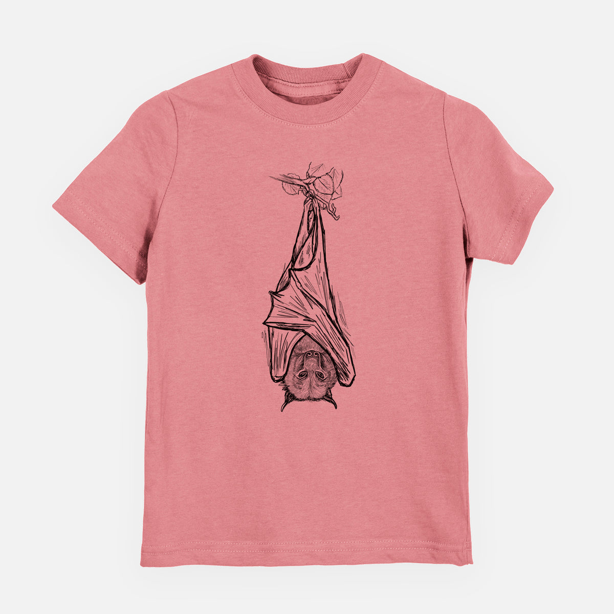 Mauve pink youth t-shirt laid flat, printed with a black ink illustration of a large flying fox bat hanging upside down with its wings wrapped around it.