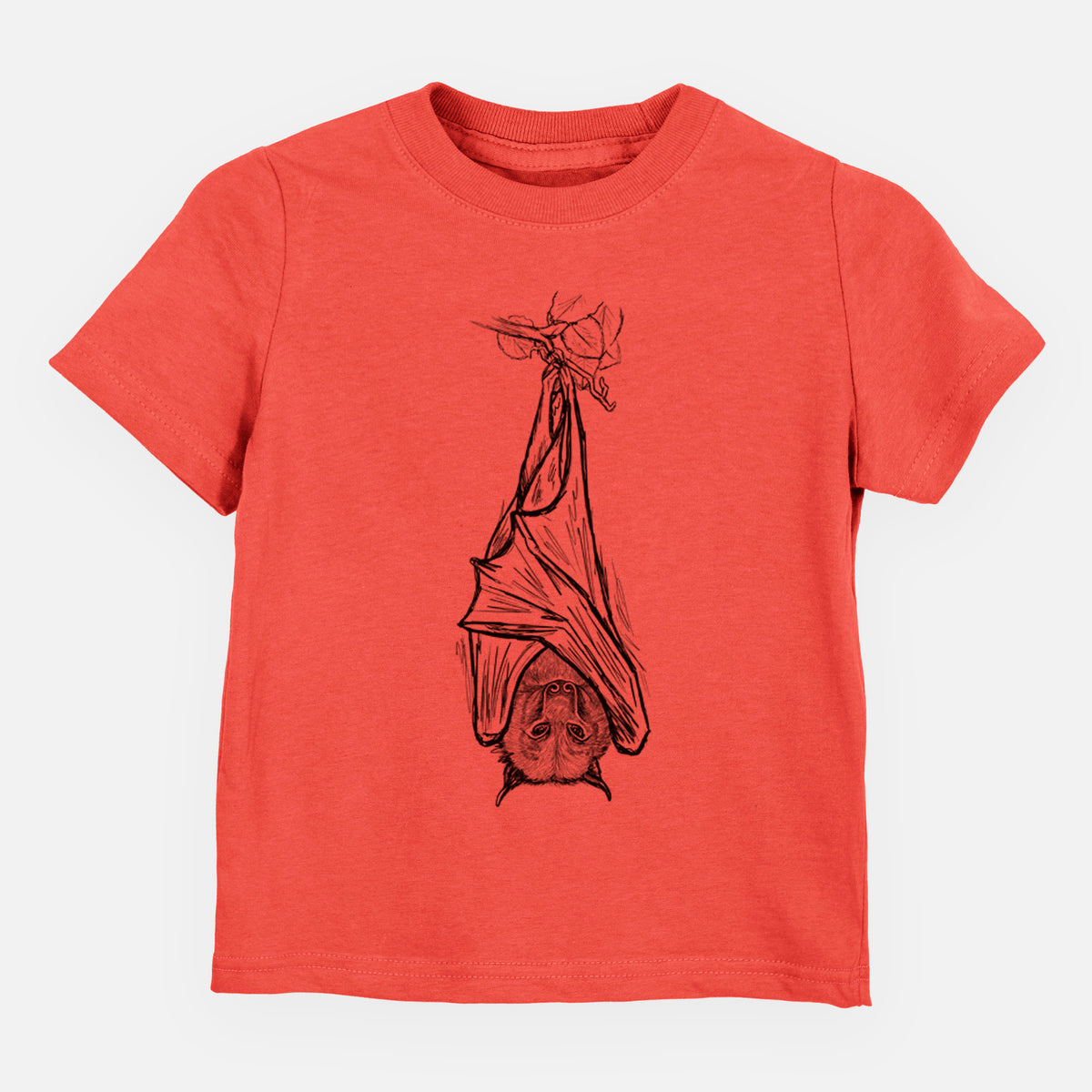Passionfruit pink toddler t-shirt laid flat, printed with a black ink illustration of a large flying fox bat hanging upside down with its wings wrapped around it.