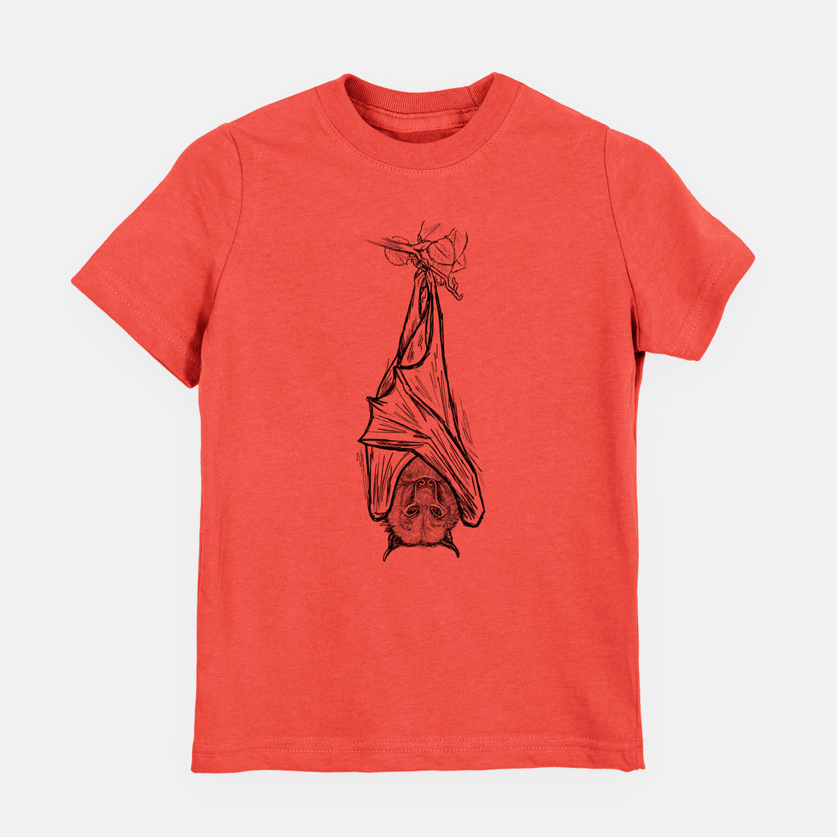 Passionfruit pink youth t-shirt laid flat, printed with a black ink illustration of a large flying fox bat hanging upside down with its wings wrapped around it.