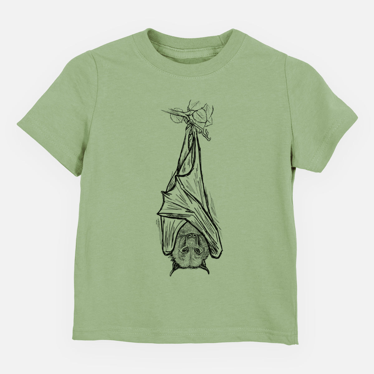 Sage green toddler t-shirt laid flat, printed with a black ink illustration of a large flying fox bat hanging upside down with its wings wrapped around it.