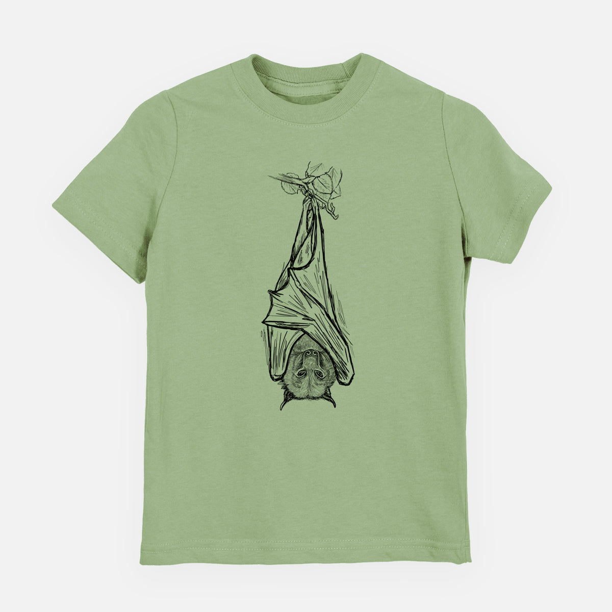 Sage green youth t-shirt laid flat, printed with a black ink illustration of a large flying fox bat hanging upside down with its wings wrapped around it.