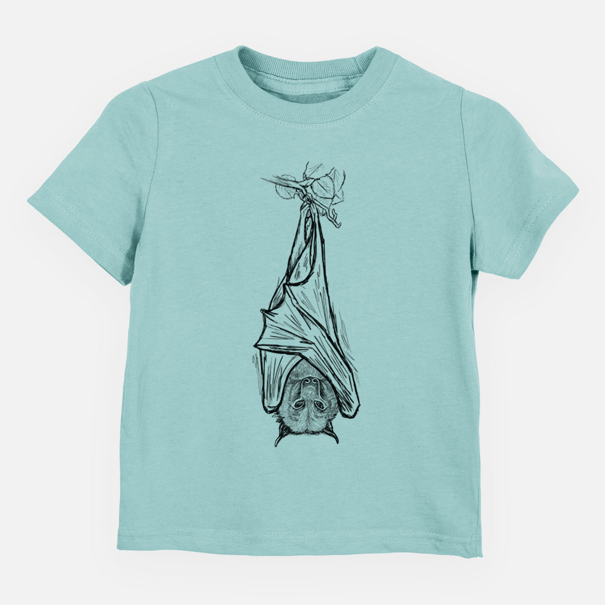 Saltwater toddler t-shirt laid flat, printed with a black ink illustration of a large flying fox bat hanging upside down with its wings wrapped around it.