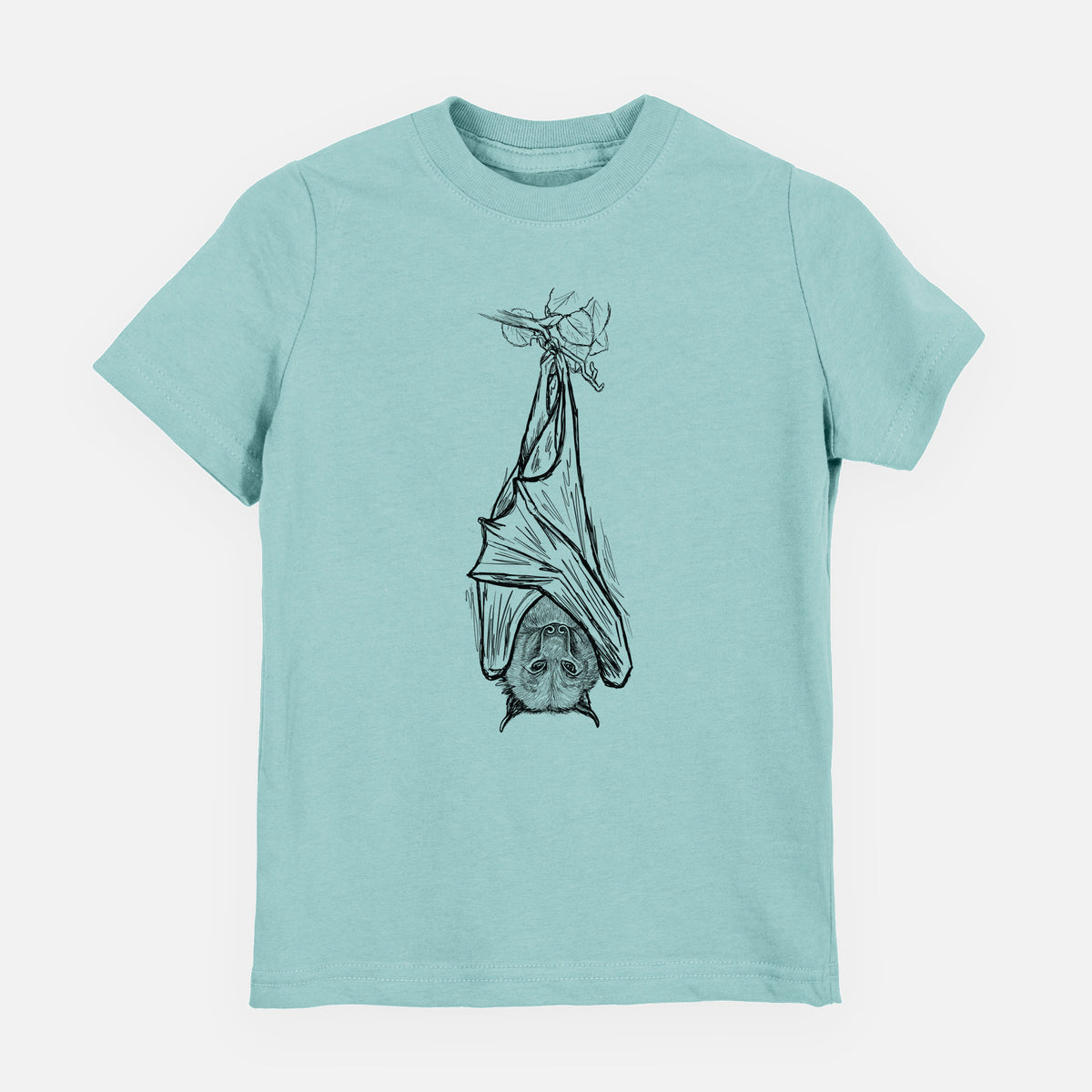 Saltwater youth t-shirt laid flat, printed with a black ink illustration of a large flying fox bat hanging upside down with its wings wrapped around it.