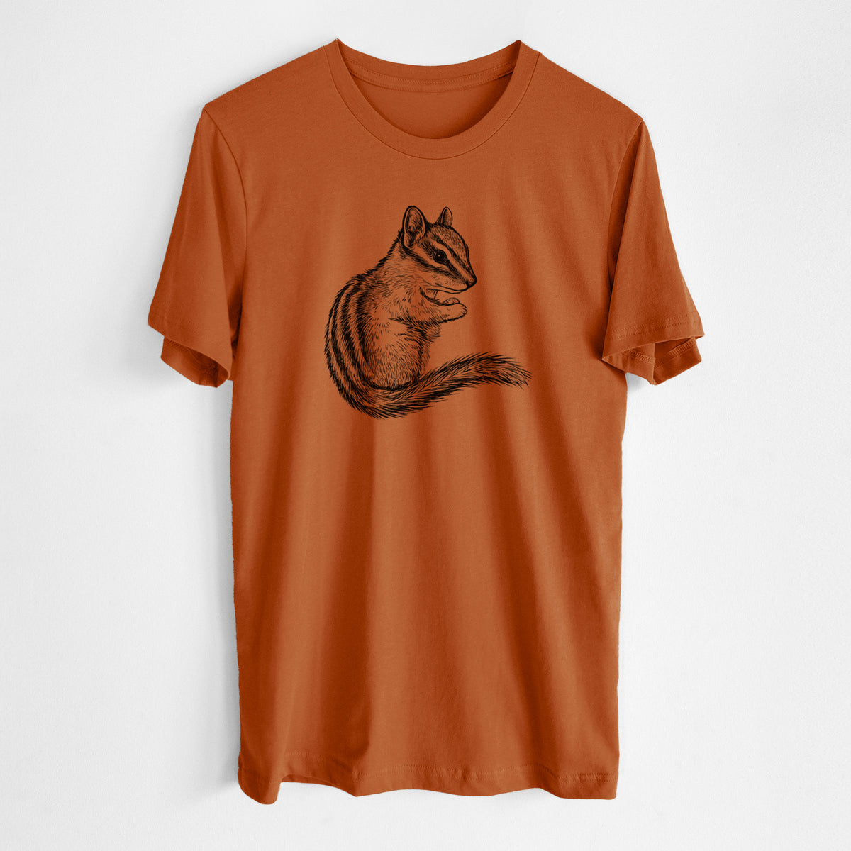 Autumn lightweight cotton t-shirt laid flat, printed with a detailed black ink illustration of a least chipmunk sitting and holding food in its paws.