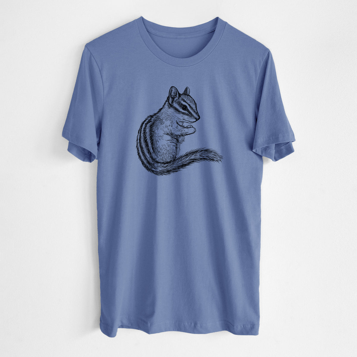 Blue bell lightweight cotton t-shirt laid flat, printed with a detailed black ink illustration of a least chipmunk sitting and holding food in its paws.