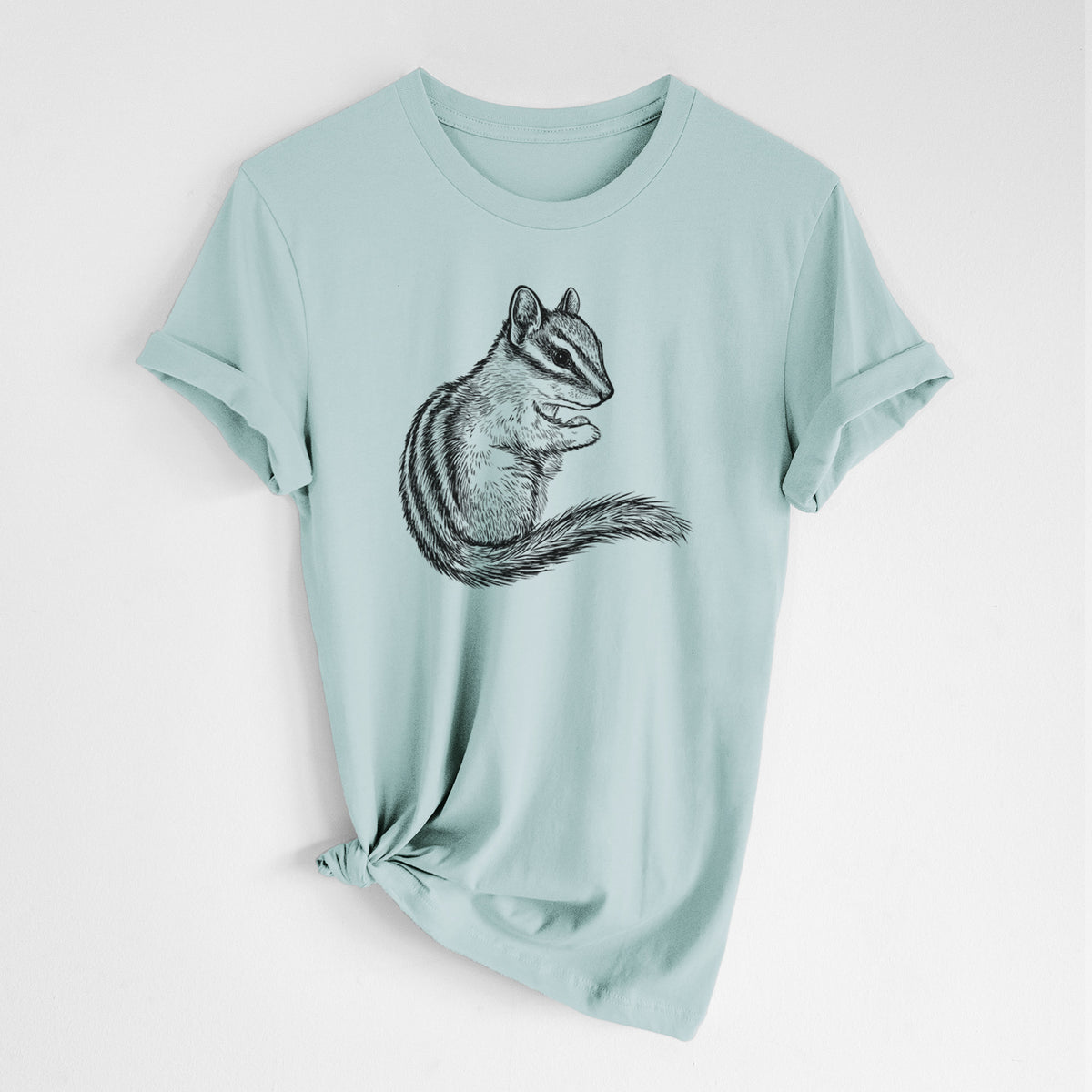 Dusty blue lightweight cotton t-shirt laid flat with the sleeves rolled, printed with a detailed black ink illustration of a least chipmunk sitting and holding food in its paws.