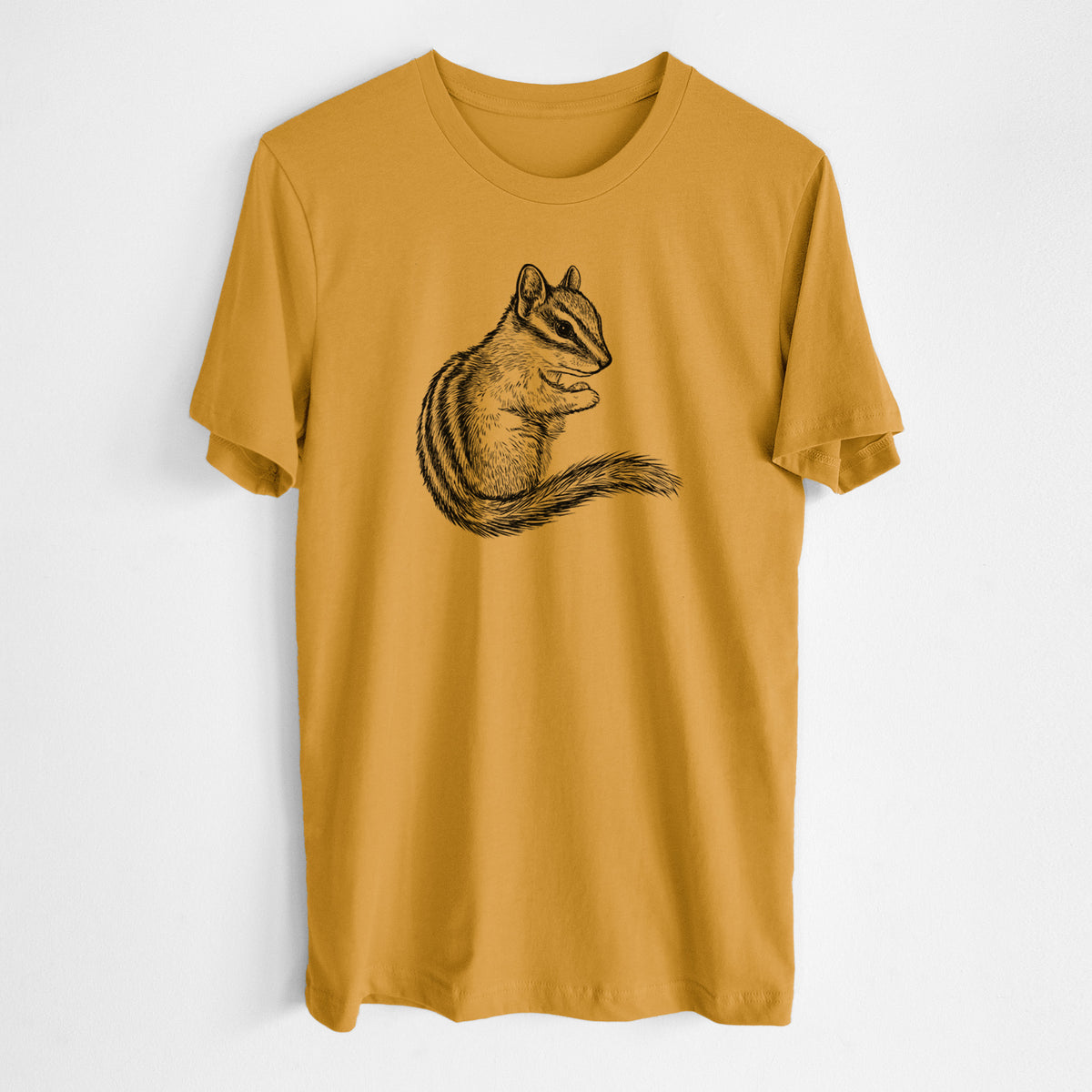 Honeycomb yellow lightweight cotton t-shirt laid flat, printed with a detailed black ink illustration of a least chipmunk sitting and holding food in its paws.