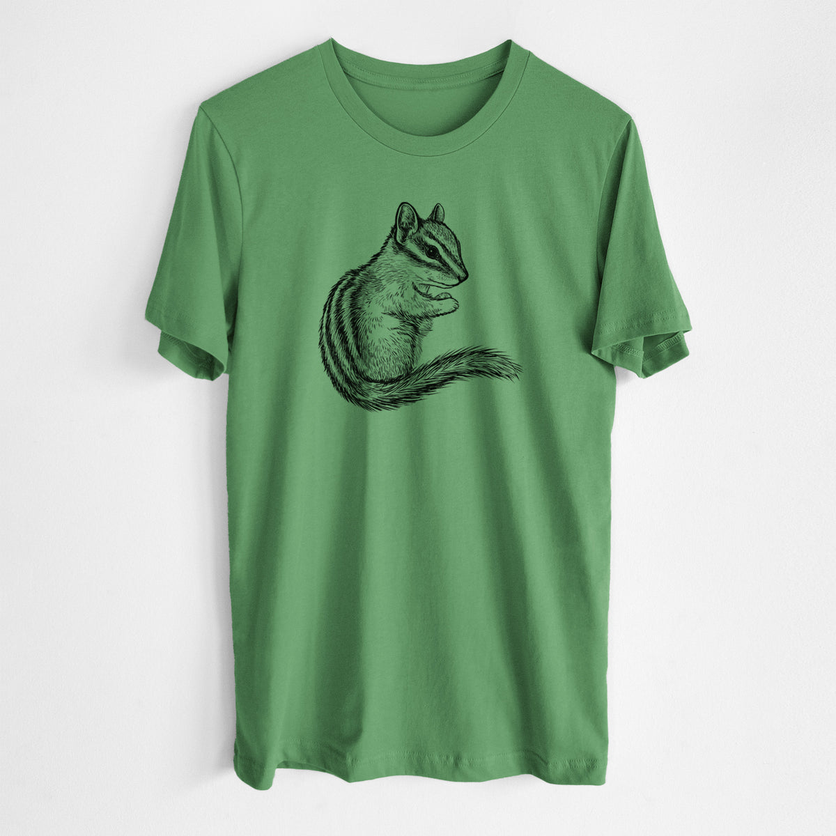 Leaf green lightweight cotton t-shirt laid flat, printed with a detailed black ink illustration of a least chipmunk sitting and holding food in its paws.
