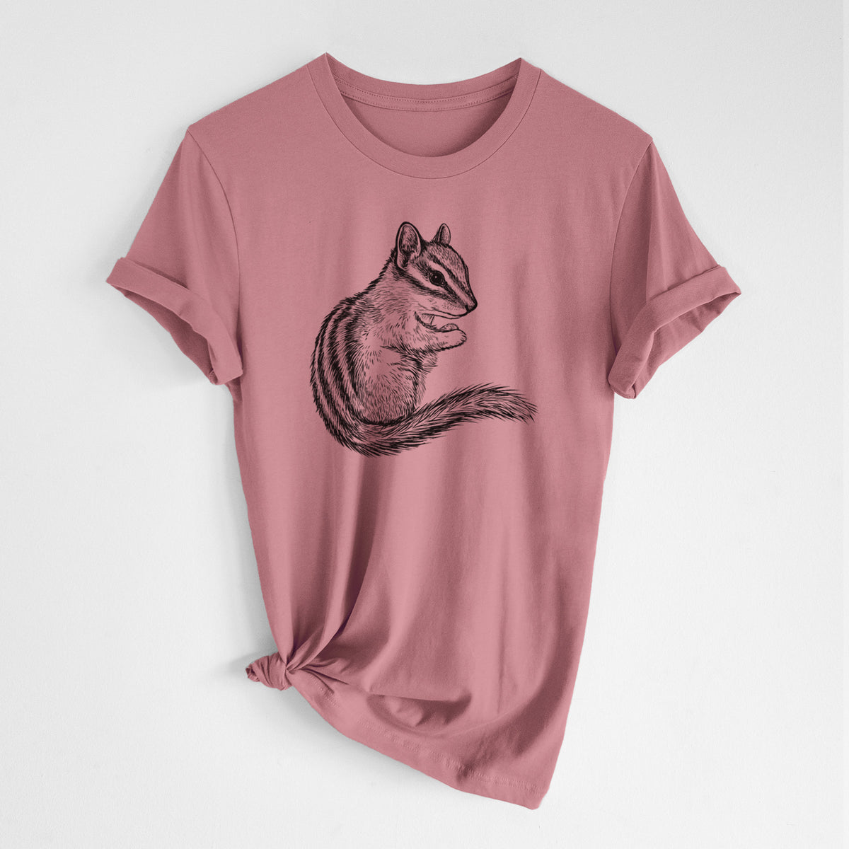 Mauve pink lightweight cotton t-shirt laid flat with the sleeves rolled, printed with a detailed black ink illustration of a least chipmunk sitting and holding food in its paws.