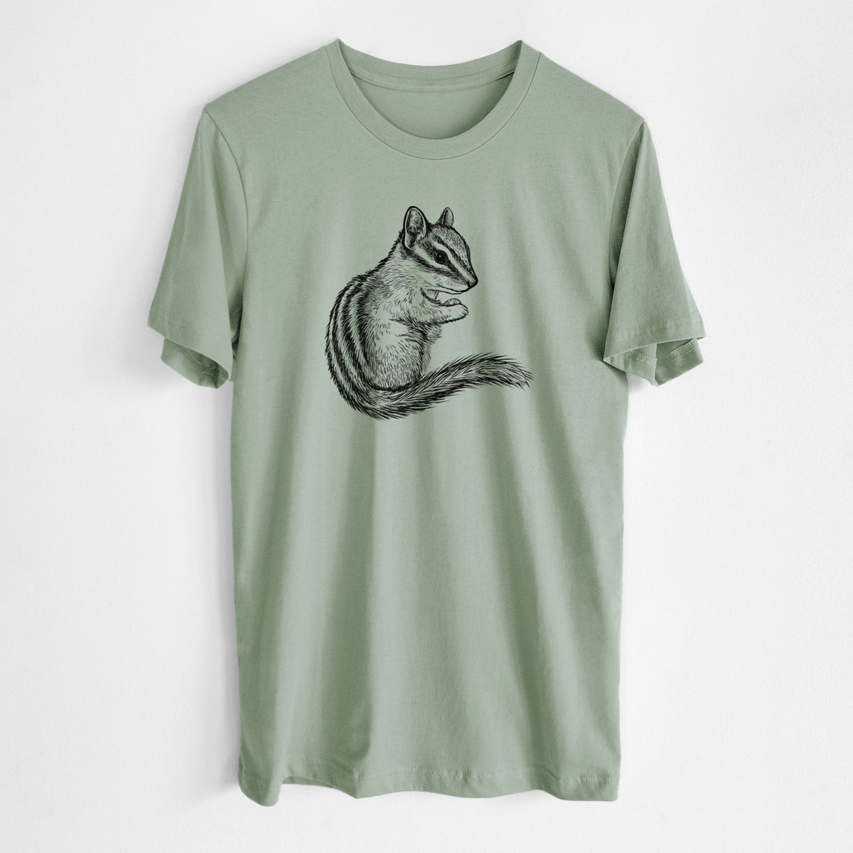 Sage green lightweight cotton t-shirt laid flat, printed with a detailed black ink illustration of a least chipmunk sitting and holding food in its paws.