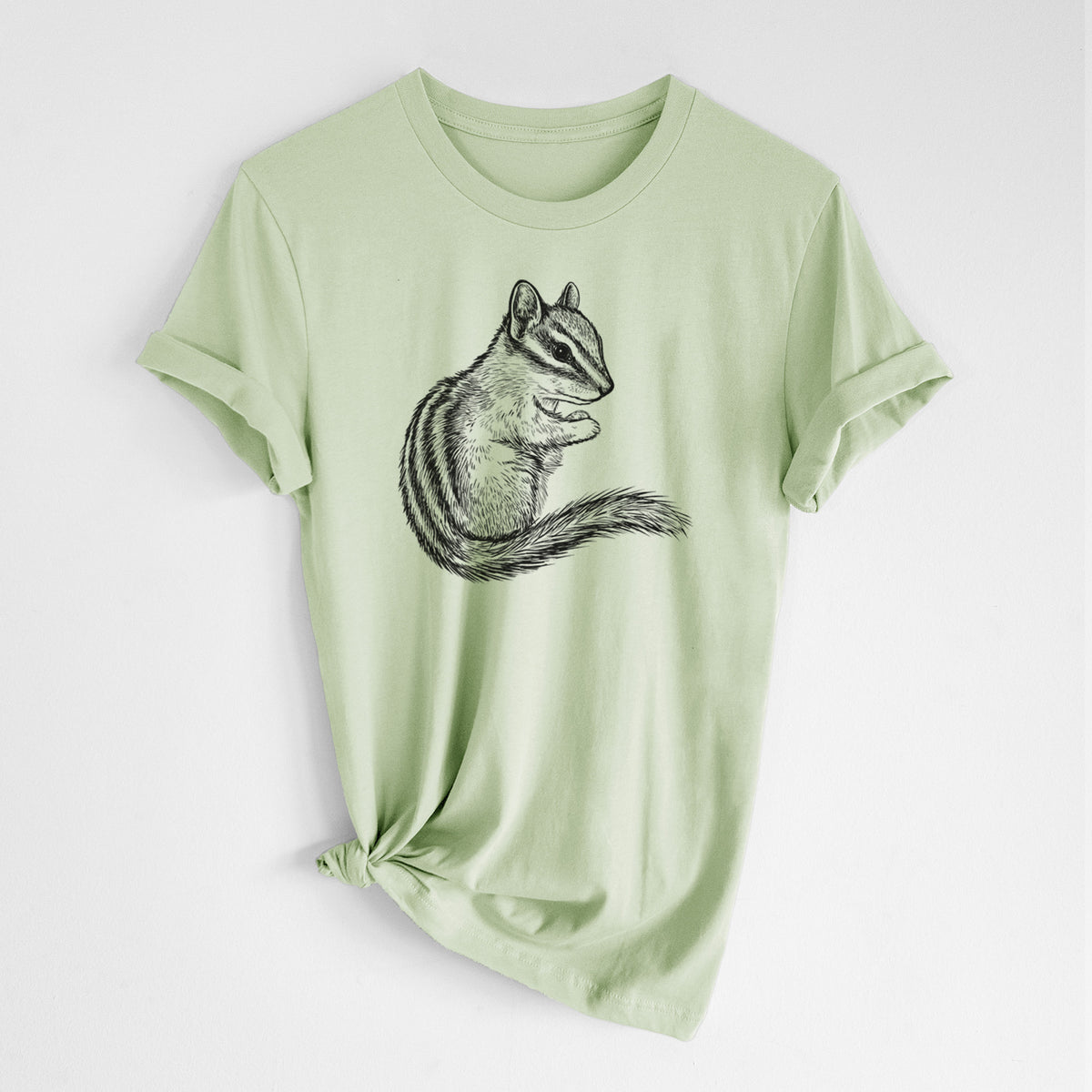 Spring green lightweight cotton t-shirt laid flat with the sleeves rolled, printed with a detailed black ink illustration of a least chipmunk sitting and holding food in its paws.
