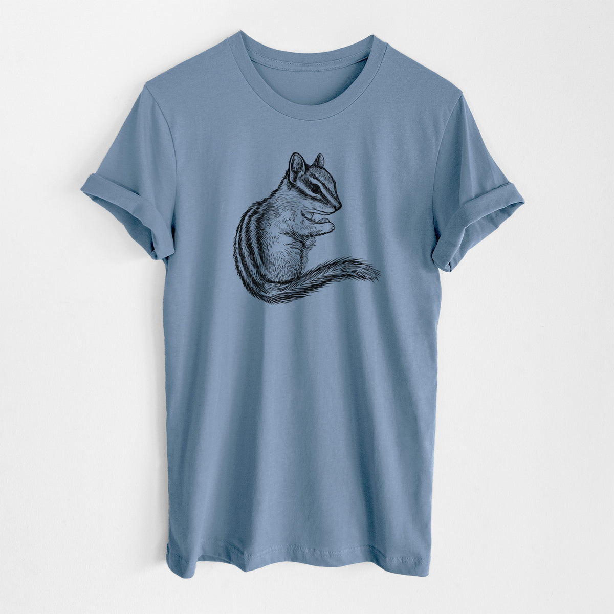 Steel blue lightweight cotton t-shirt laid flat, printed with a detailed black ink illustration of a least chipmunk sitting and holding food in its paws.