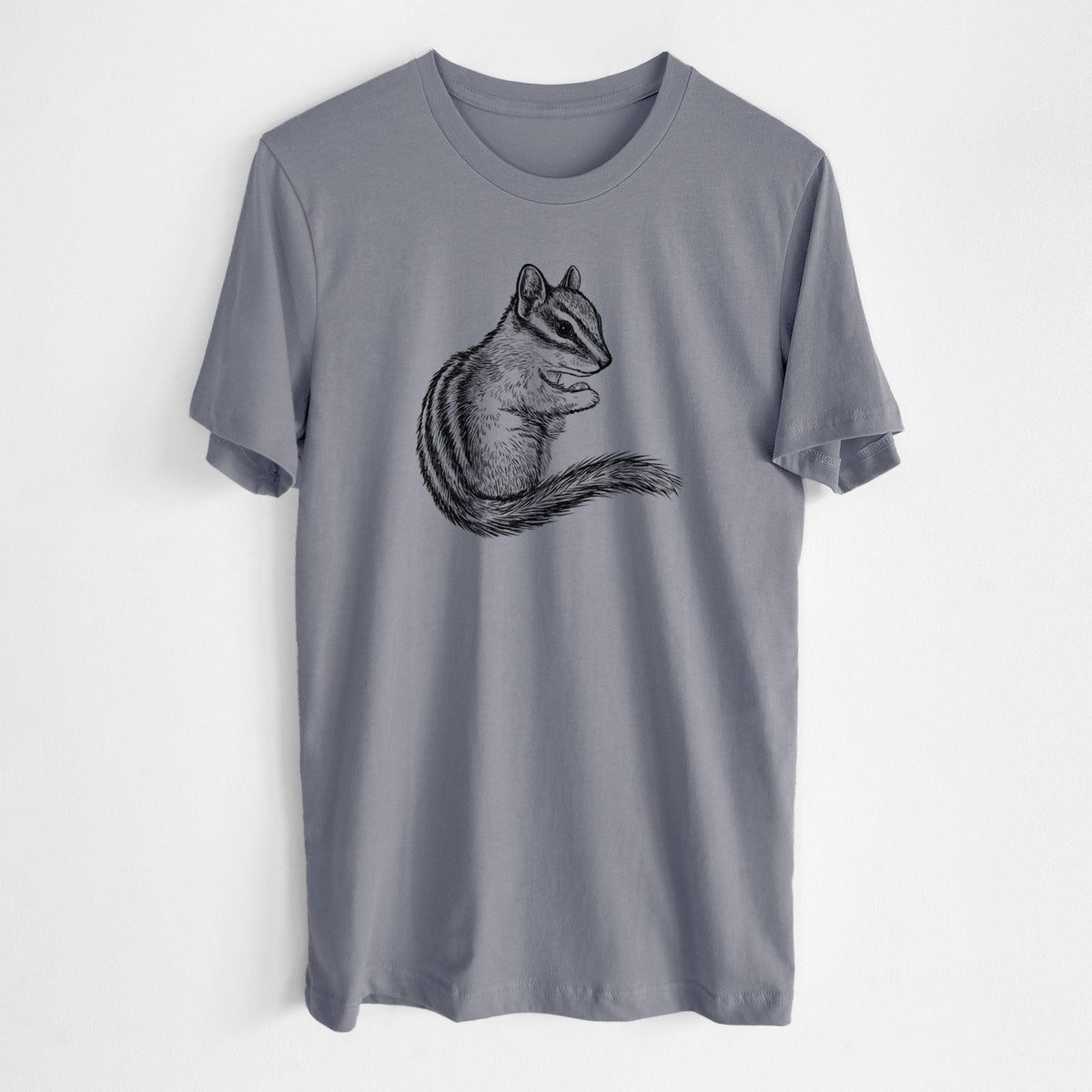 Storm grey lightweight cotton t-shirt laid flat, printed with a detailed black ink illustration of a least chipmunk sitting and holding food in its paws.