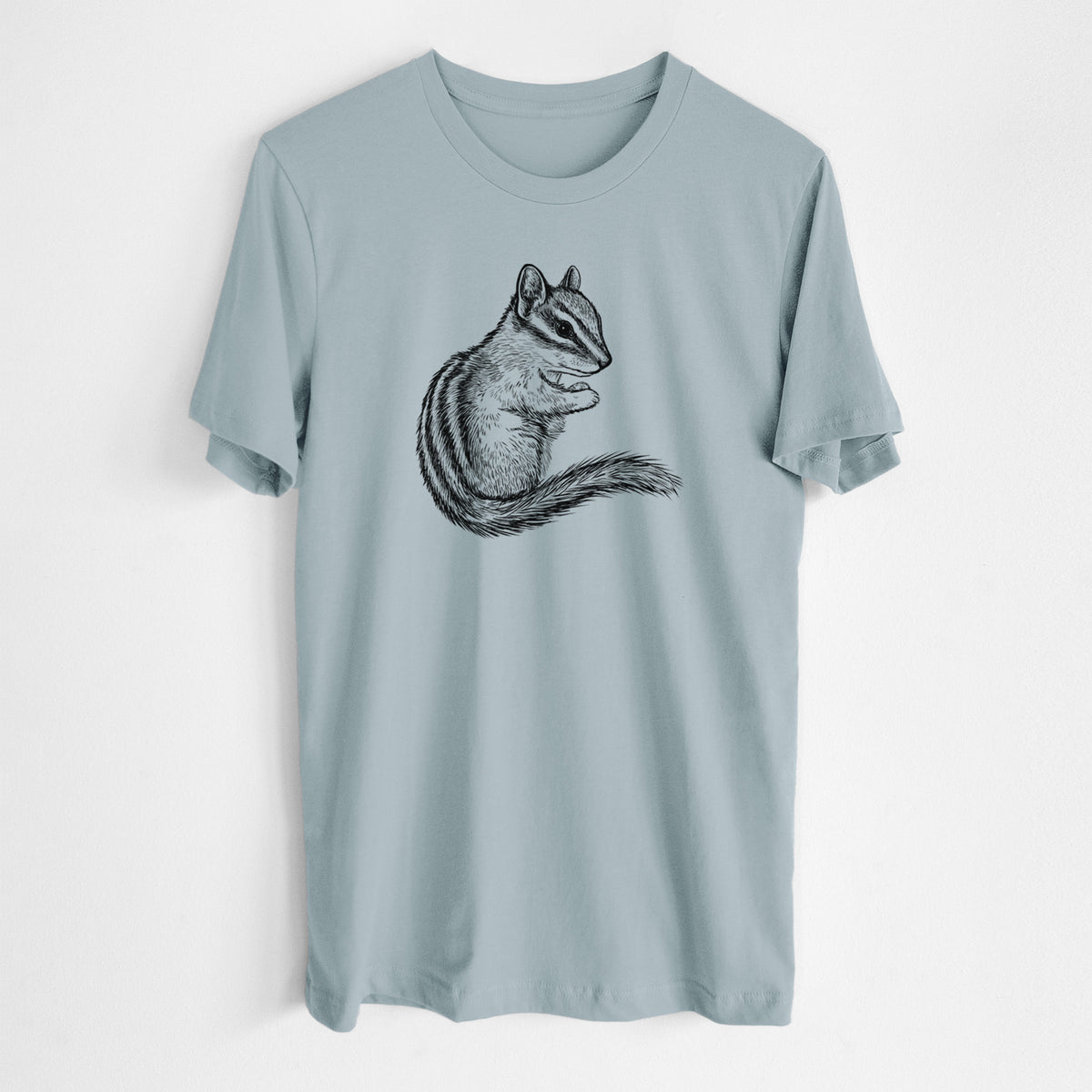 Vintage denim lightweight cotton t-shirt laid flat, printed with a detailed black ink illustration of a least chipmunk sitting and holding food in its paws.