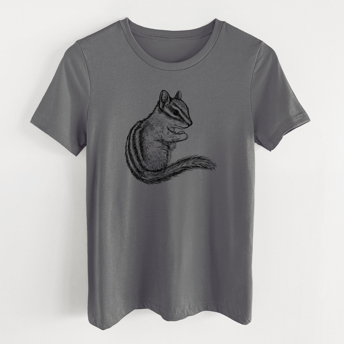 Asphalt women's relaxed fit cotton t-shirt laid flat, printed with a detailed black ink illustration of a least chipmunk sitting and holding food in its paws.