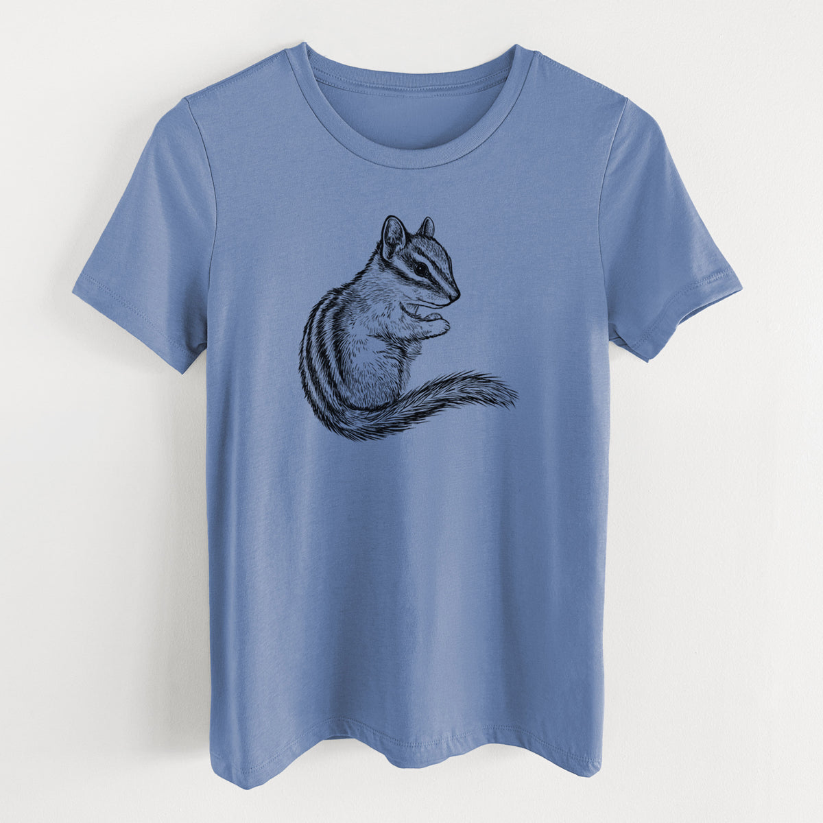 Blue bell women's relaxed fit cotton t-shirt laid flat, printed with a detailed black ink illustration of a least chipmunk sitting and holding food in its paws.