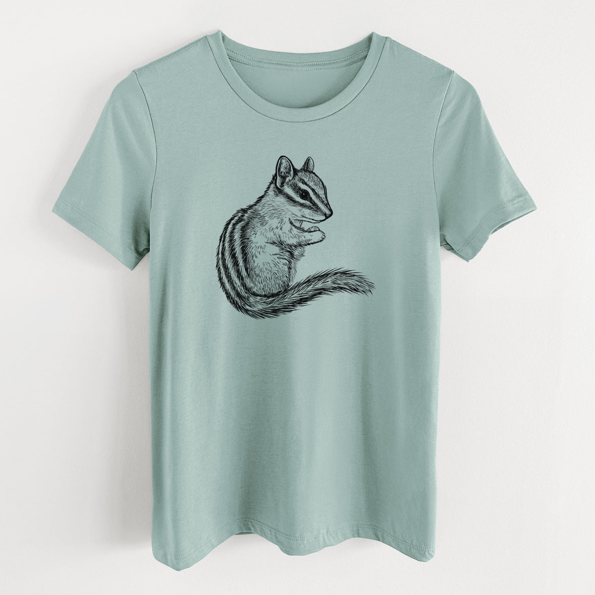 Dusty blue women's relaxed fit cotton t-shirt laid flat, printed with a detailed black ink illustration of a least chipmunk sitting and holding food in its paws.