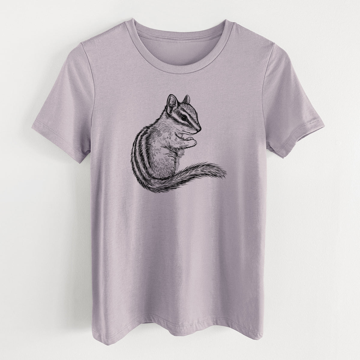 Light violet women's relaxed fit cotton t-shirt laid flat, printed with a detailed black ink illustration of a least chipmunk sitting and holding food in its paws.
