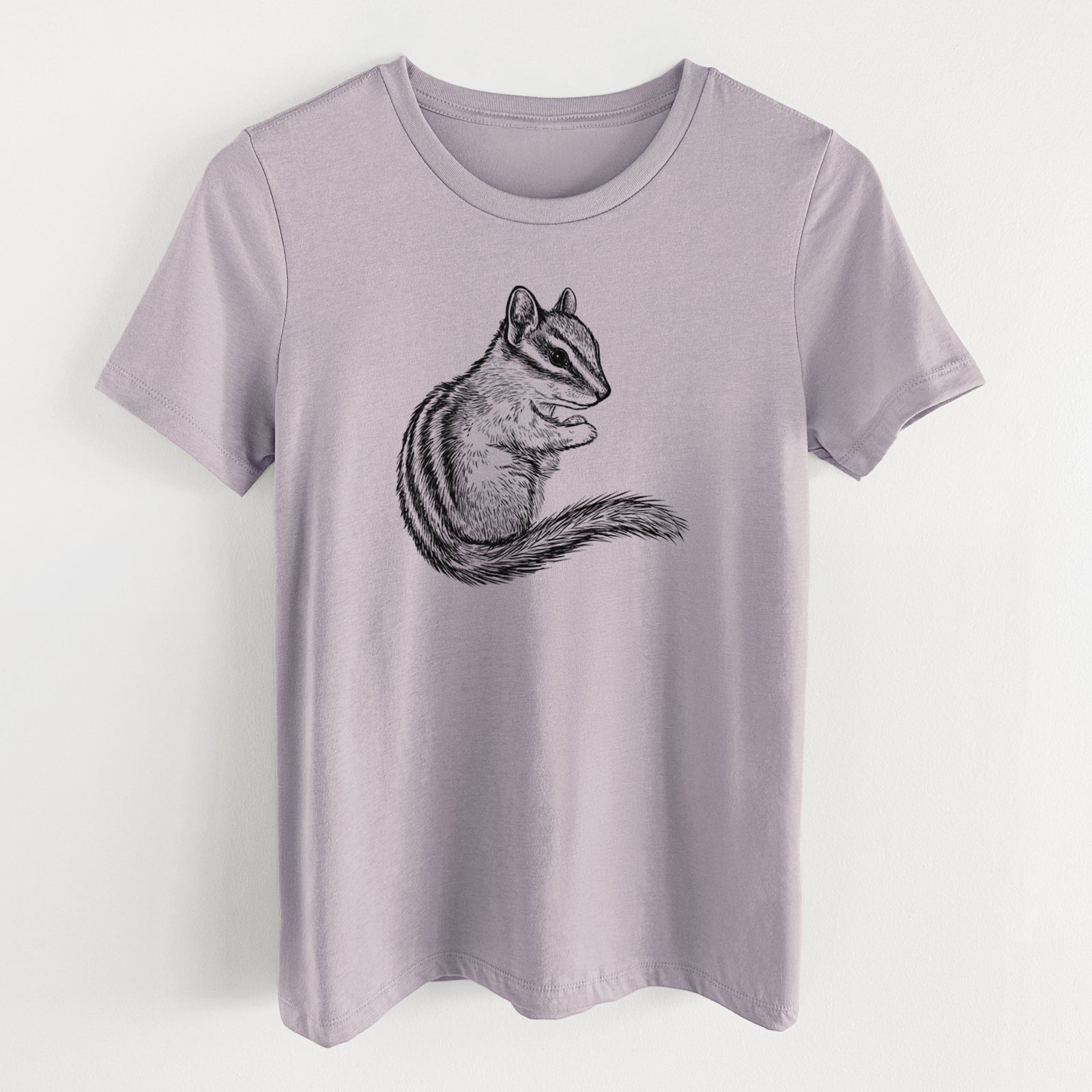 Light violet women's relaxed fit cotton t-shirt laid flat, printed with a detailed black ink illustration of a least chipmunk sitting and holding food in its paws.