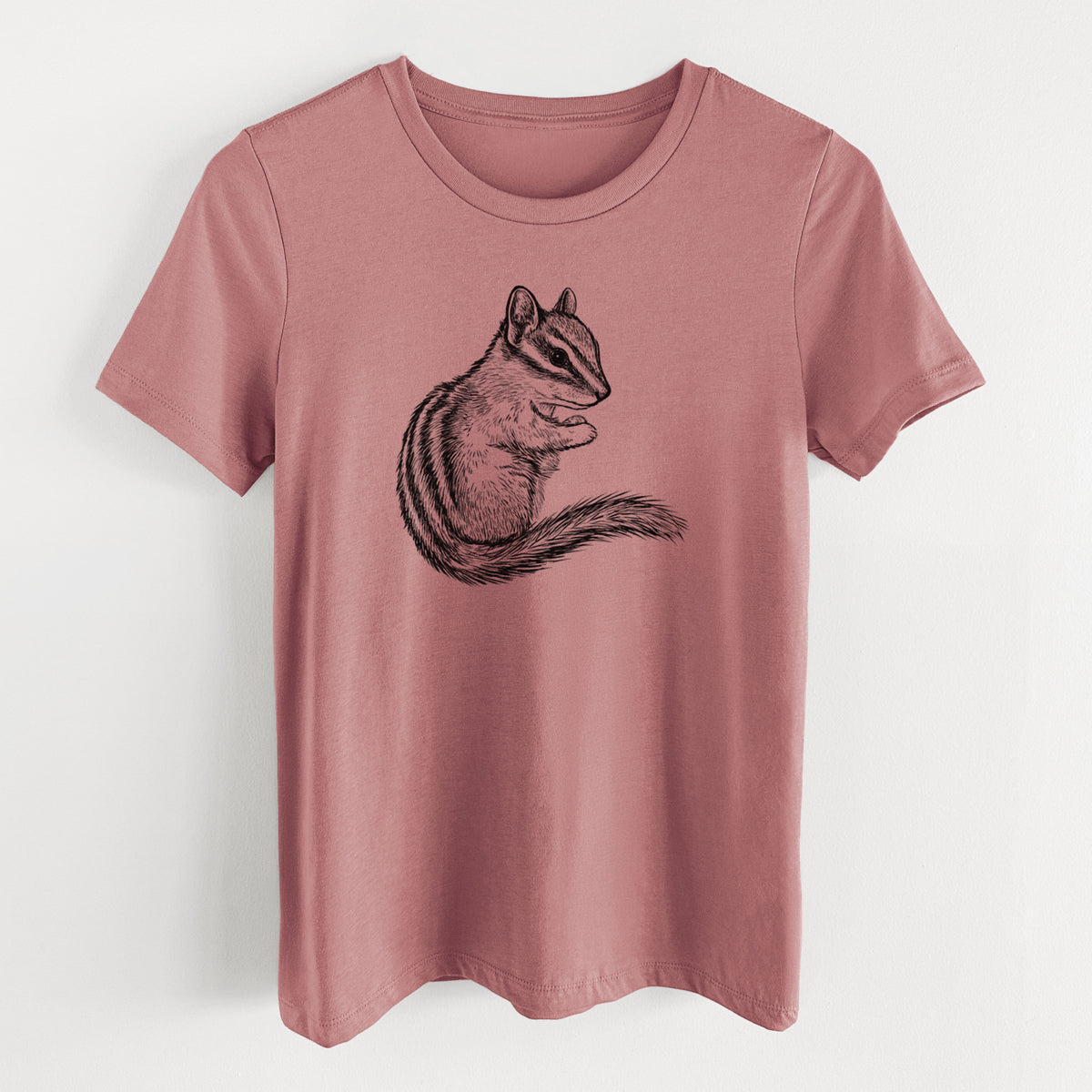 Mauve pink women's relaxed fit cotton t-shirt laid flat, printed with a detailed black ink illustration of a least chipmunk sitting and holding food in its paws.
