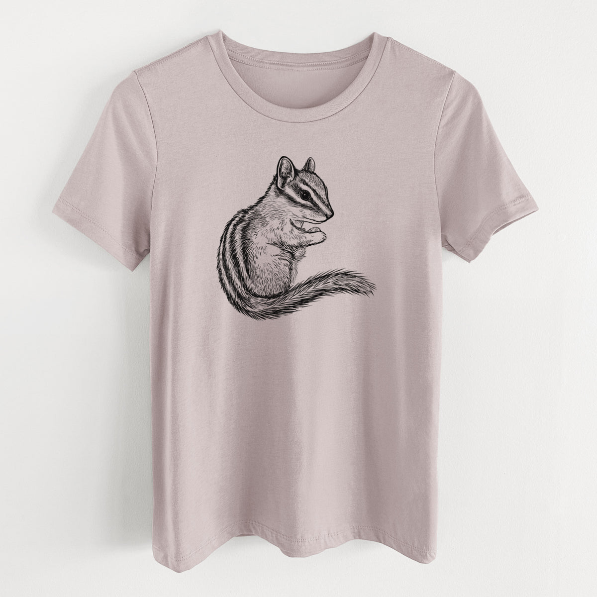 Pink gravel women's relaxed fit cotton t-shirt laid flat, printed with a detailed black ink illustration of a least chipmunk sitting and holding food in its paws.