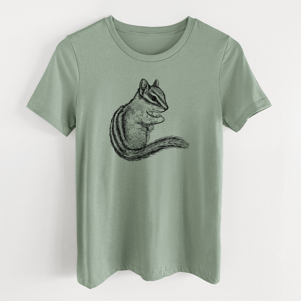 Sage green women's relaxed fit cotton t-shirt laid flat, printed with a detailed black ink illustration of a least chipmunk sitting and holding food in its paws.