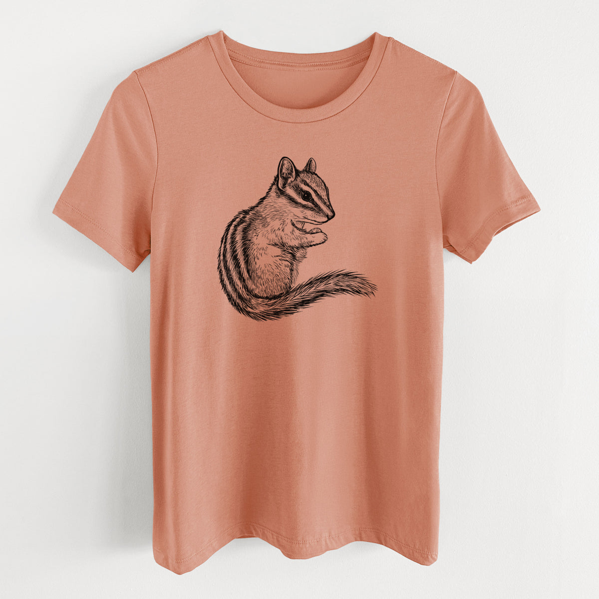Terracotta orange women's relaxed fit cotton t-shirt laid flat, printed with a detailed black ink illustration of a least chipmunk sitting and holding food in its paws.