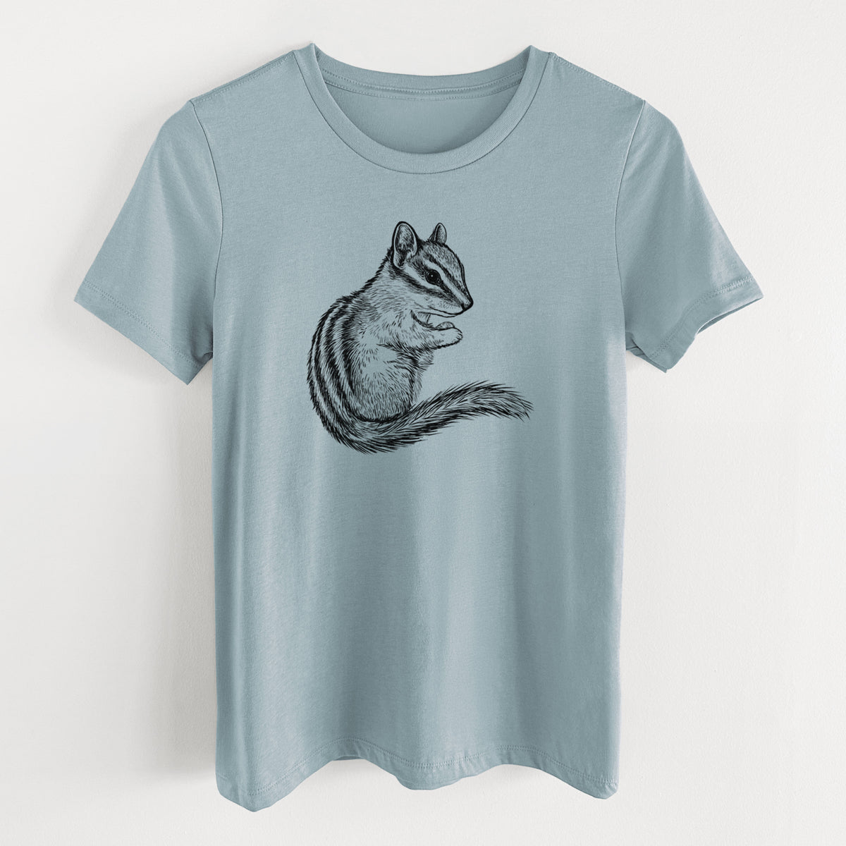 Vintage denim women's relaxed fit cotton t-shirt laid flat, printed with a detailed black ink illustration of a least chipmunk sitting and holding food in its paws.