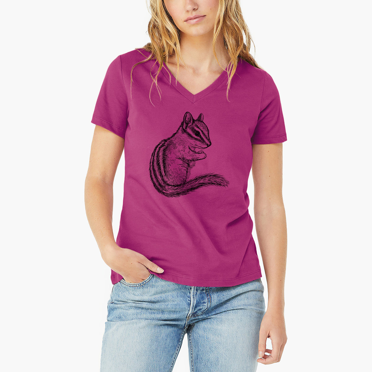Woman wearing a berry pink women's relaxed fit cotton V-neck t-shirt printed with a detailed black ink illustration of a least chipmunk sitting and holding food in its paws.