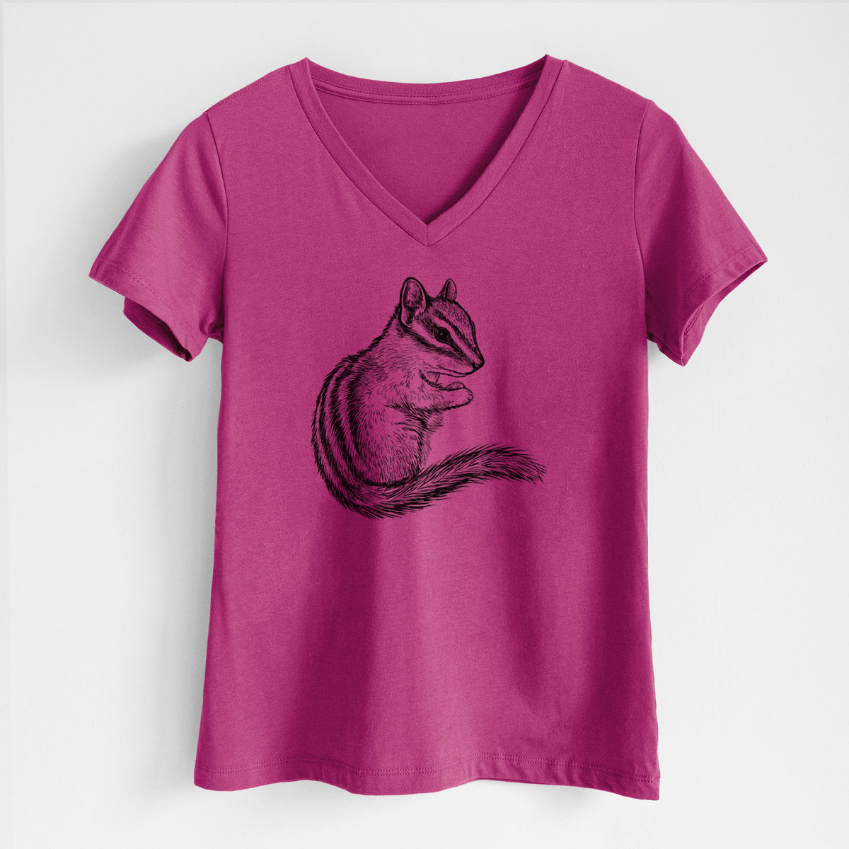 Berry pink women's relaxed fit cotton V-neck t-shirt laid flat, printed with a detailed black ink illustration of a least chipmunk sitting and holding food in its paws.