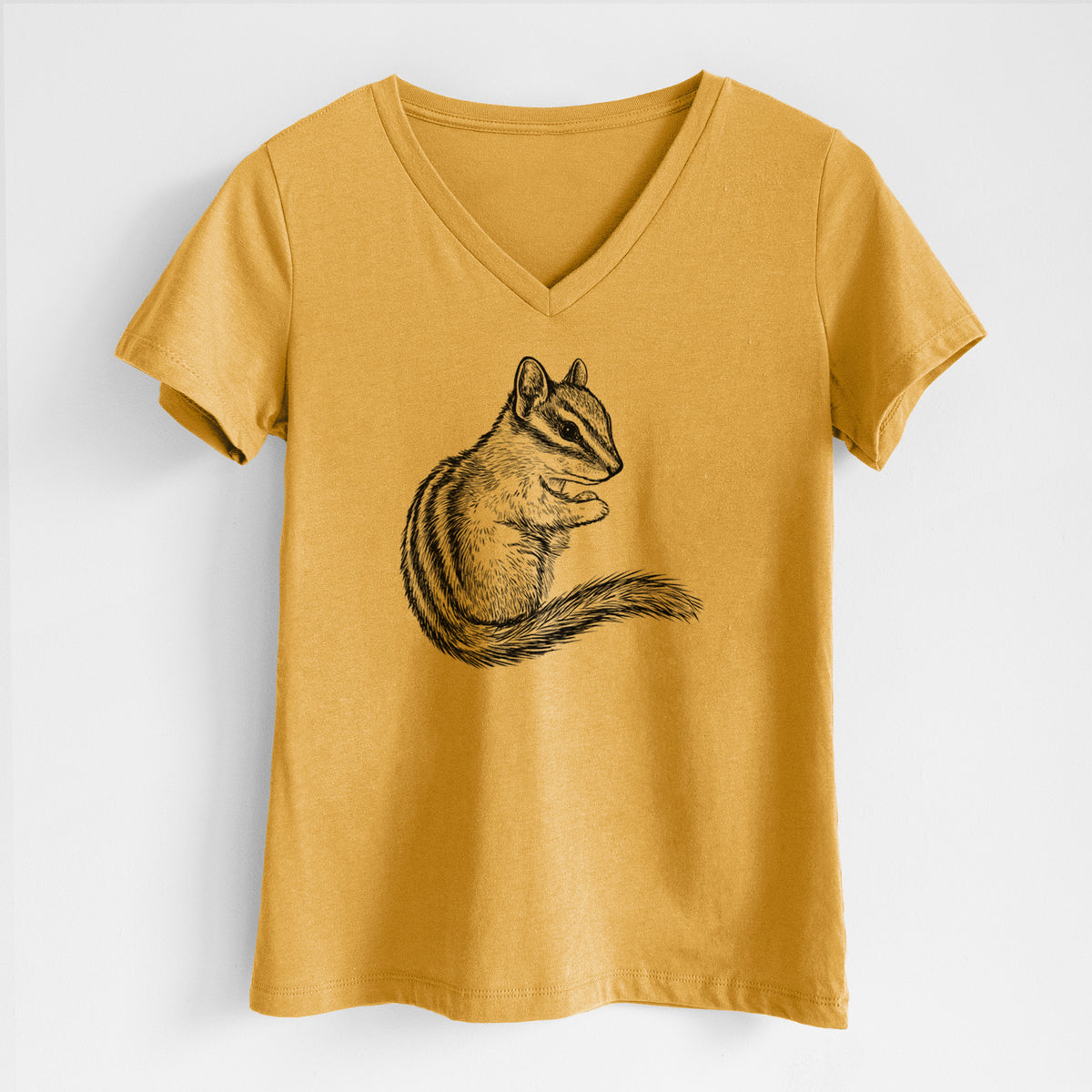 Honeycomb yellow women's relaxed fit cotton V-neck t-shirt laid flat, printed with a detailed black ink illustration of a least chipmunk sitting and holding food in its paws.