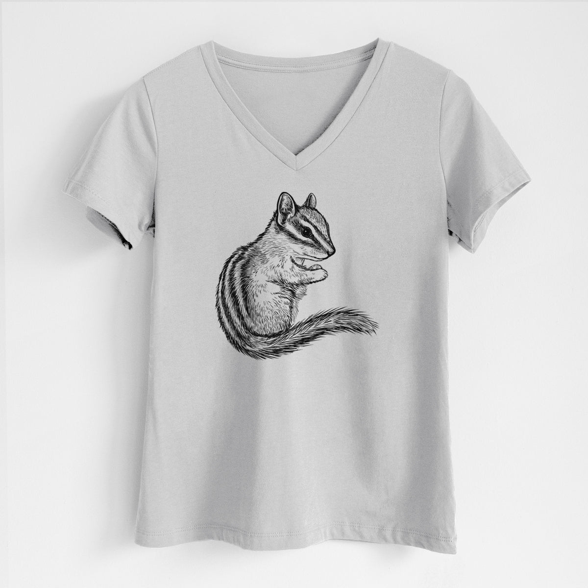 Lunar grey women's relaxed fit cotton V-neck t-shirt laid flat, printed with a detailed black ink illustration of a least chipmunk sitting and holding food in its paws.