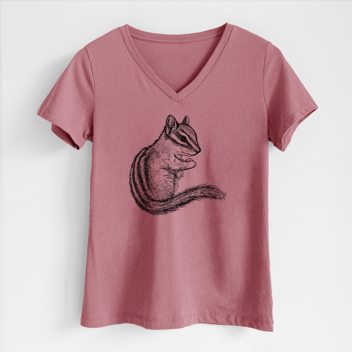 Mauve pink women's relaxed fit cotton V-neck t-shirt laid flat, printed with a detailed black ink illustration of a least chipmunk sitting and holding food in its paws.