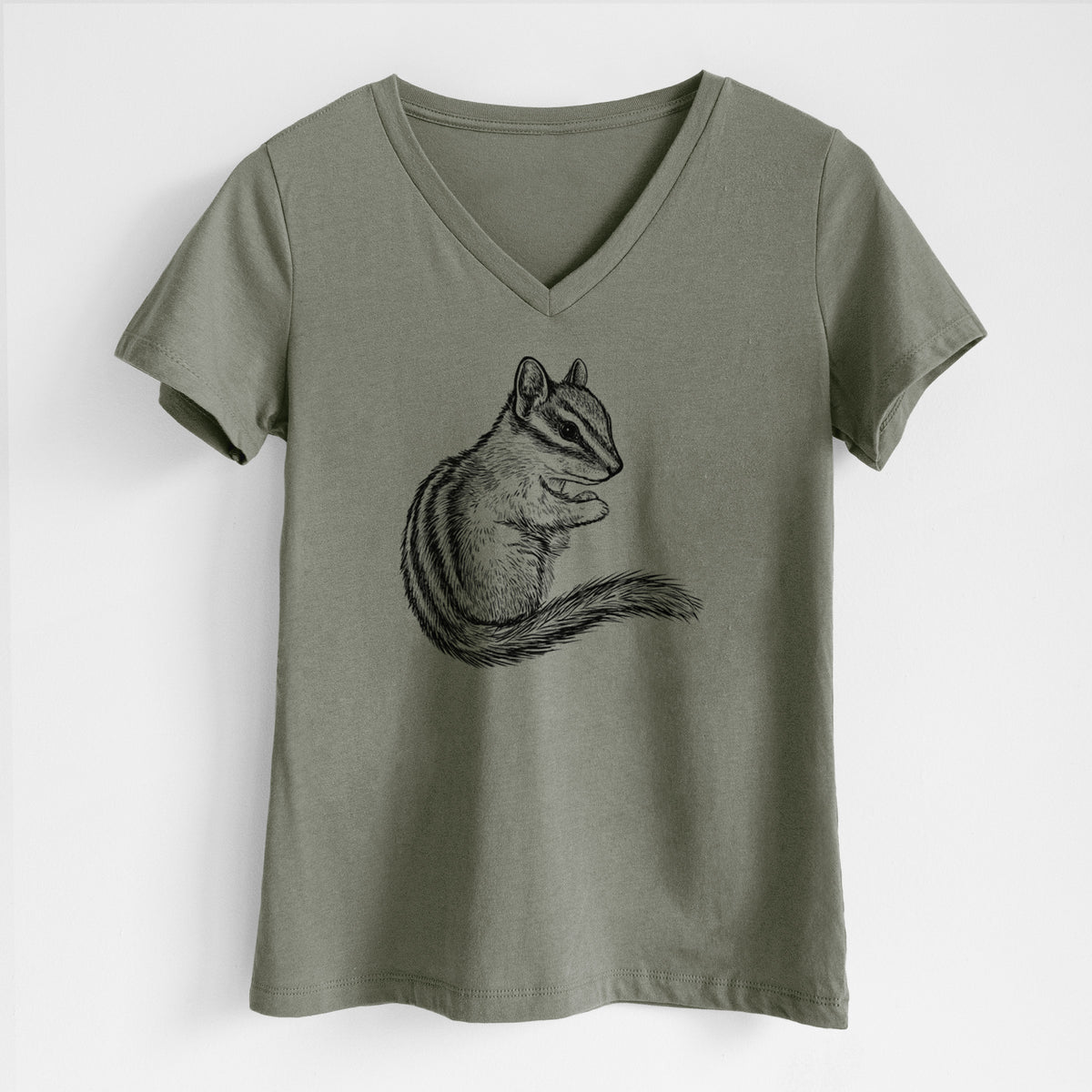 Military green women's relaxed fit cotton V-neck t-shirt laid flat, printed with a detailed black ink illustration of a least chipmunk sitting and holding food in its paws.