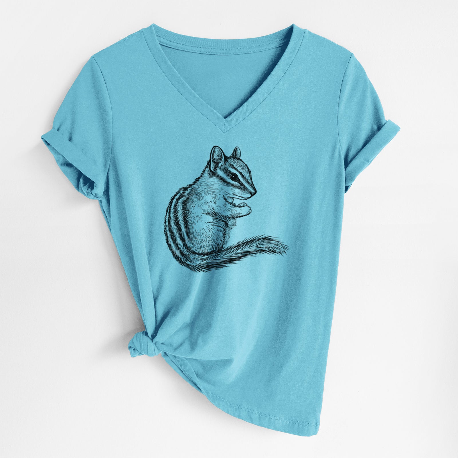 Turquoise women's relaxed fit cotton V-neck t-shirt laid flat, printed with a detailed black ink illustration of a least chipmunk sitting and holding food in its paws.