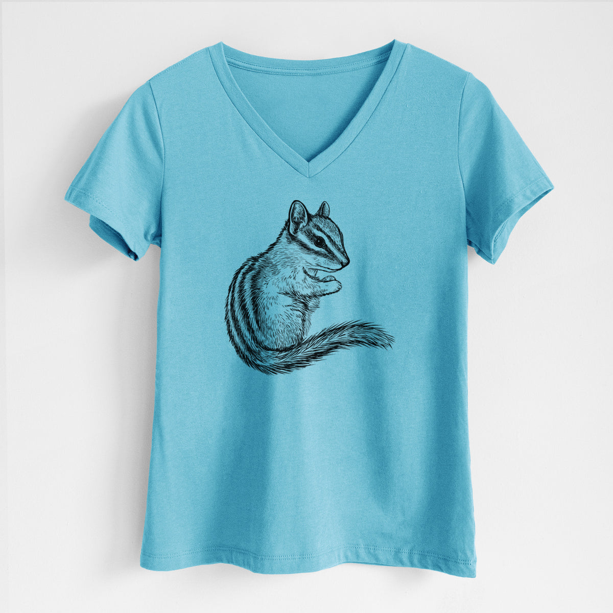 Turquoise women's relaxed fit cotton V-neck t-shirt laid flat, printed with a detailed black ink illustration of a least chipmunk sitting and holding food in its paws.