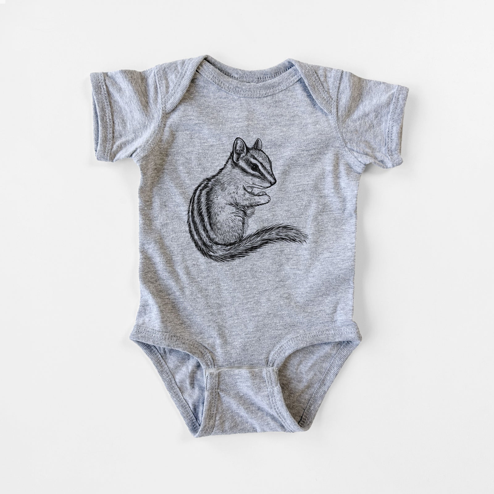 Grey baby bodysuit laid flat, printed with a detailed black ink illustration of a least chipmunk sitting and holding food in its paws.