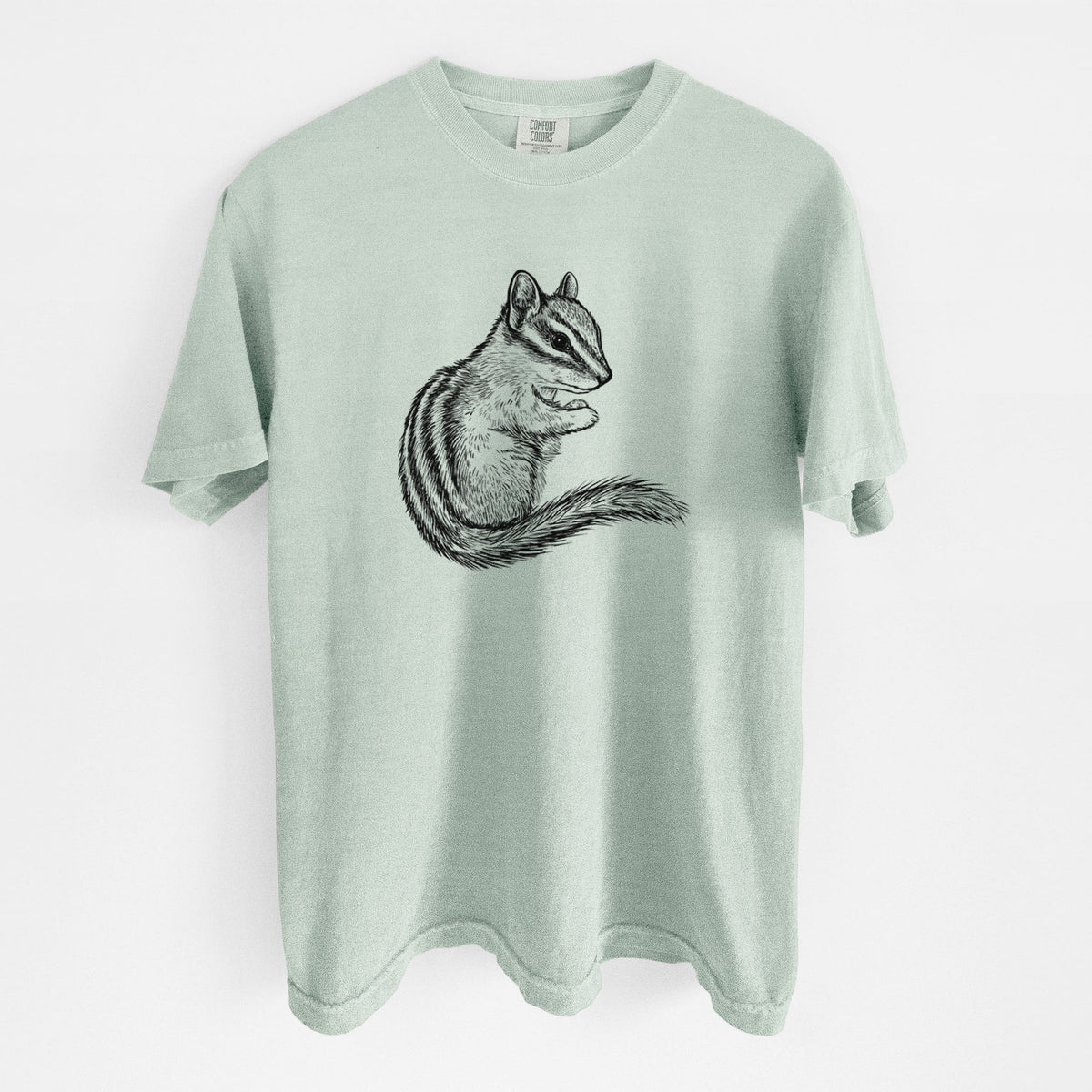 Bay green Comfort Colors t-shirt laid flat, printed with a detailed black ink illustration of a least chipmunk sitting and holding food in its paws.