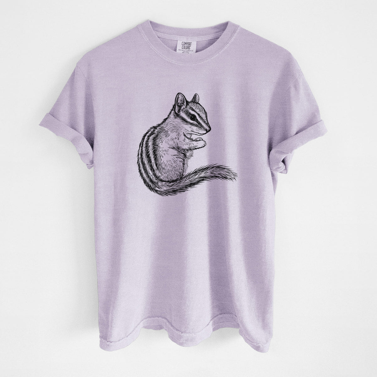 Orchid purple Comfort Colors t-shirt laid flat, printed with a detailed black ink illustration of a least chipmunk sitting and holding food in its paws.