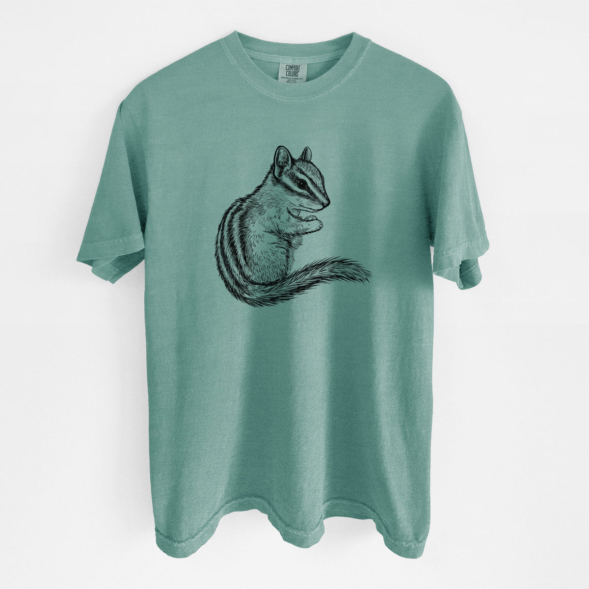 Reef green Comfort Colors t-shirt laid flat, printed with a detailed black ink illustration of a least chipmunk sitting and holding food in its paws.