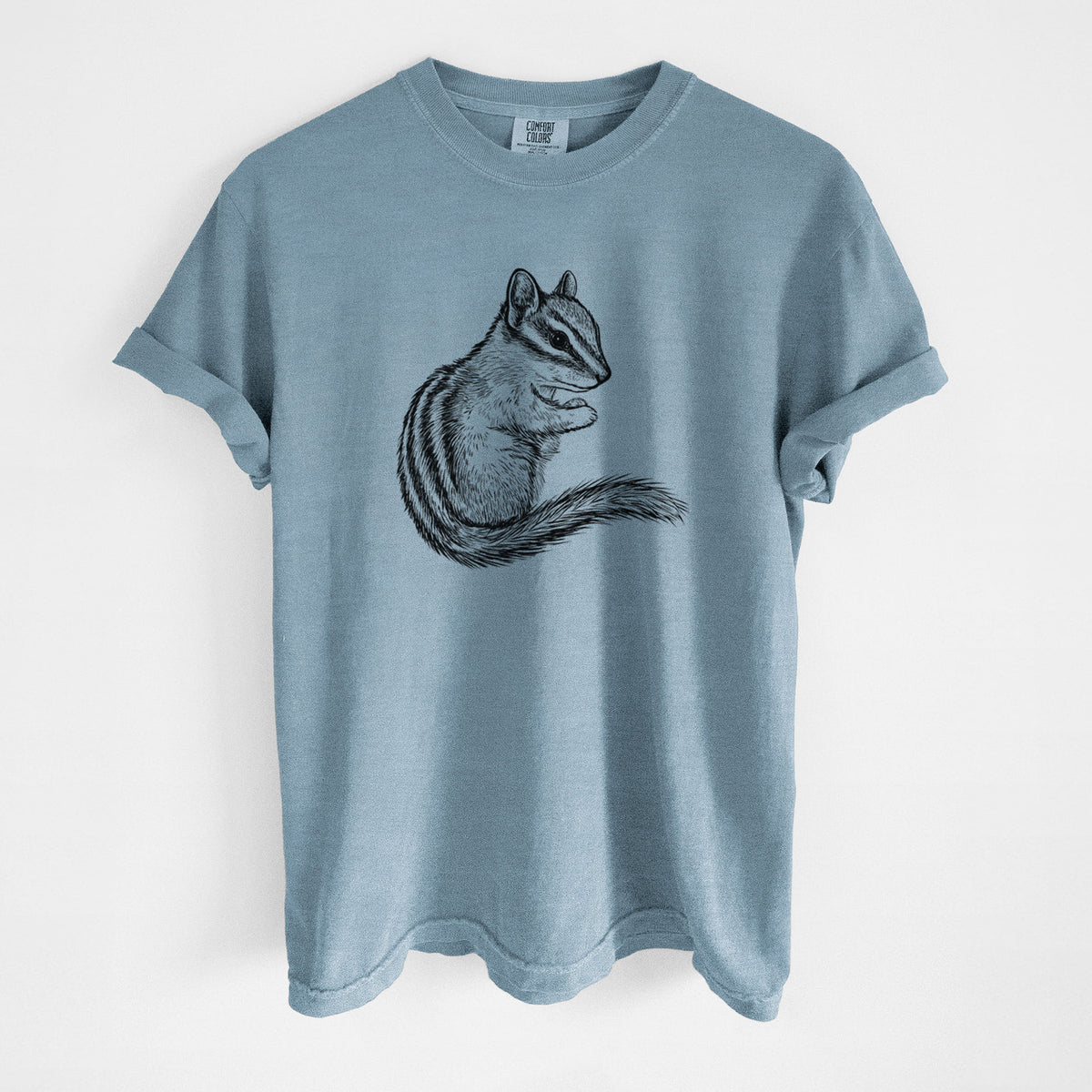 Steel blue Comfort Colors t-shirt laid flat, printed with a detailed black ink illustration of a least chipmunk sitting and holding food in its paws.