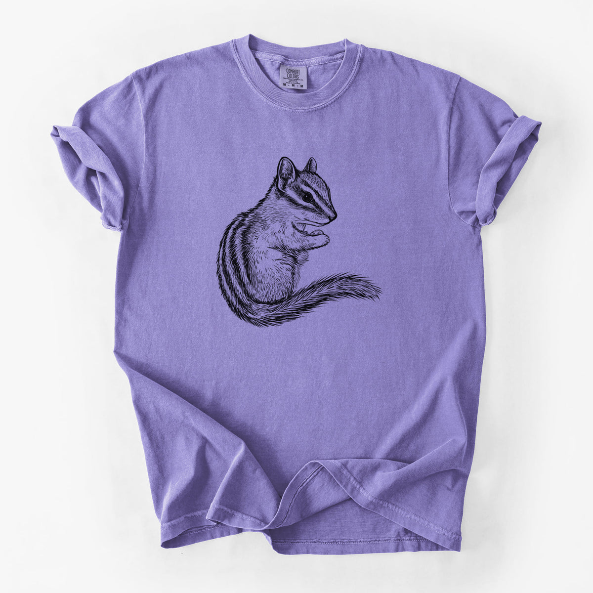 Violet purple Comfort Colors t-shirt laid flat, printed with a detailed black ink illustration of a least chipmunk sitting and holding food in its paws.