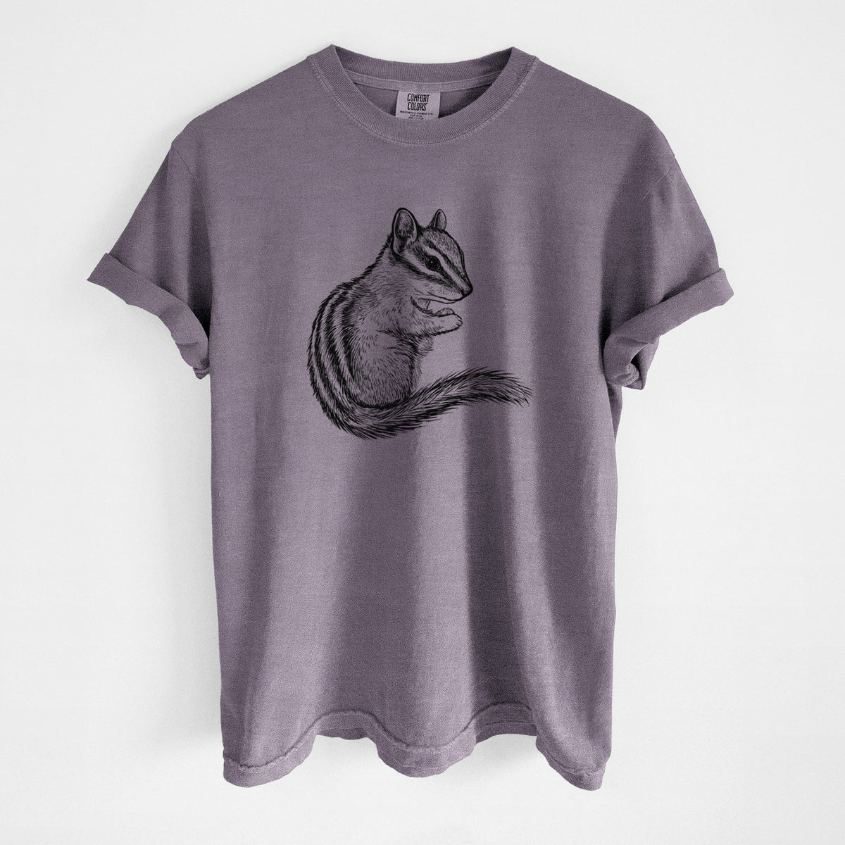 Wine red Comfort Colors t-shirt laid flat, printed with a detailed black ink illustration of a least chipmunk sitting and holding food in its paws.
