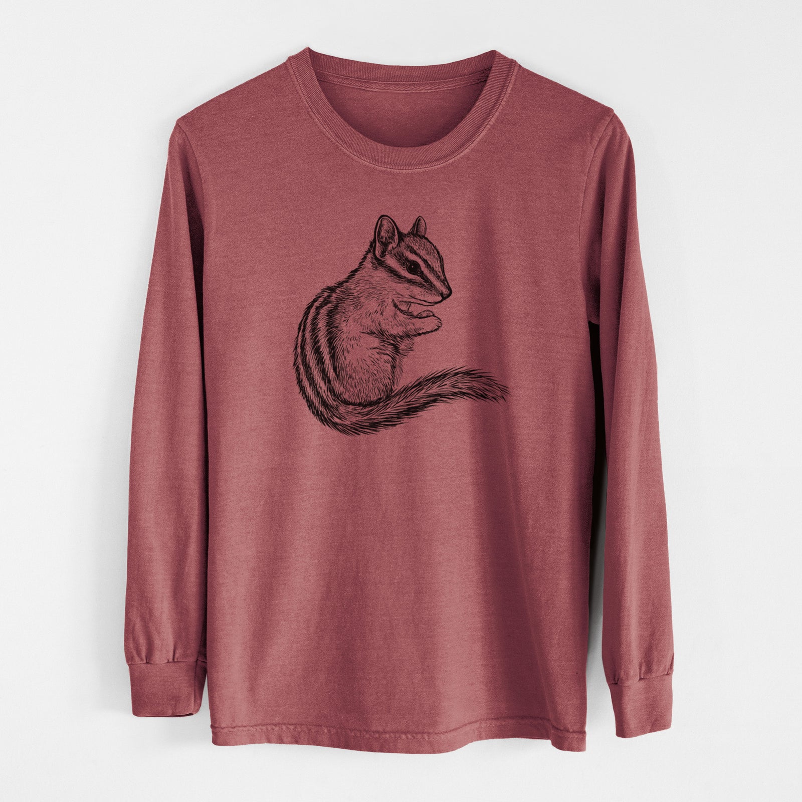 Ivory Comfort Colors long sleeve shirt laid flat, printed with a detailed black ink illustration of a least chipmunk sitting and holding food in its paws.