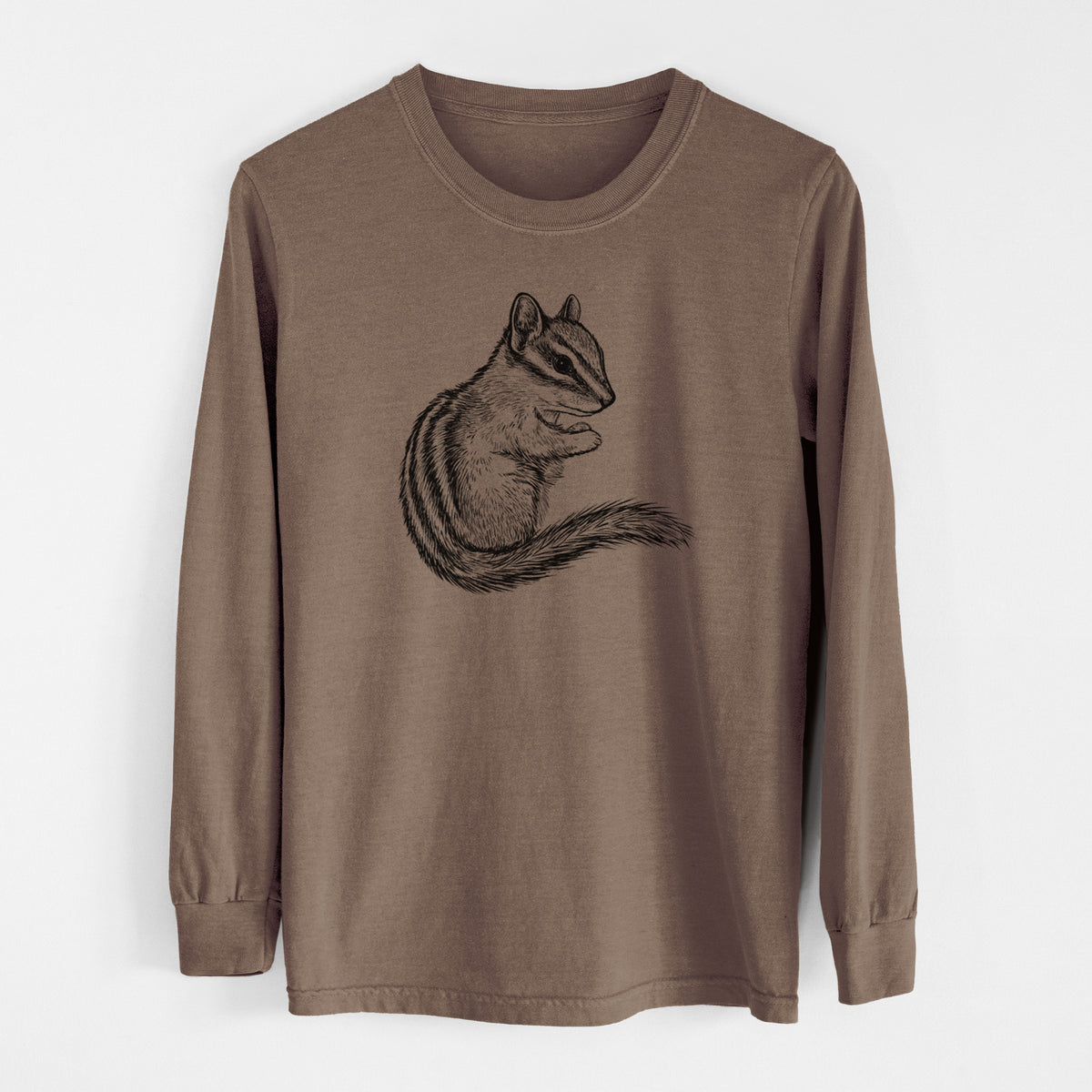 Espresso brown Comfort Colors long sleeve shirt laid flat, printed with a detailed black ink illustration of a least chipmunk sitting and holding food in its paws.